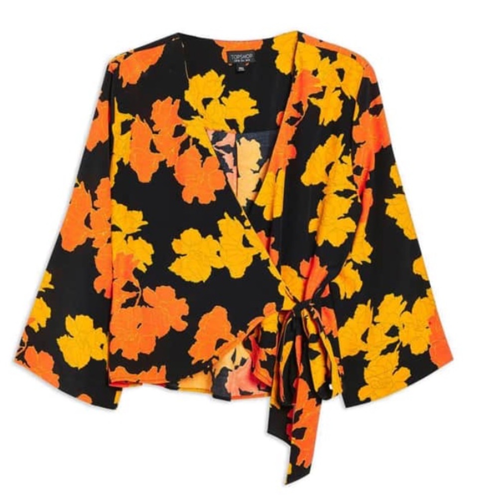 TOPSHOP Big Bloom Tie Wrap Blouse Sz 2